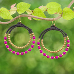 Magnesite beaded dangle earrings, 'Magenta Glam' - Purple Magnesite & Brass Beaded Double Hoop Dangle Earrings