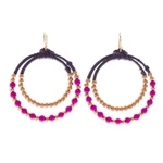 Magnesite beaded dangle earrings, 'Magenta Glam' - Purple Magnesite & Brass Beaded Double Hoop Dangle Earrings