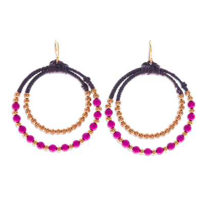 Magnesite beaded dangle earrings, 'Magenta Glam' - Purple Magnesite & Brass Beaded Double Hoop Dangle Earrings