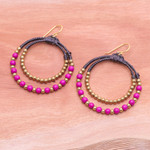 Magnesite beaded dangle earrings, 'Magenta Glam' - Purple Magnesite & Brass Beaded Double Hoop Dangle Earrings