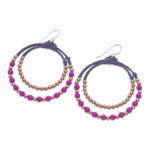 Magnesite beaded dangle earrings, 'Magenta Glam' - Purple Magnesite & Brass Beaded Double Hoop Dangle Earrings