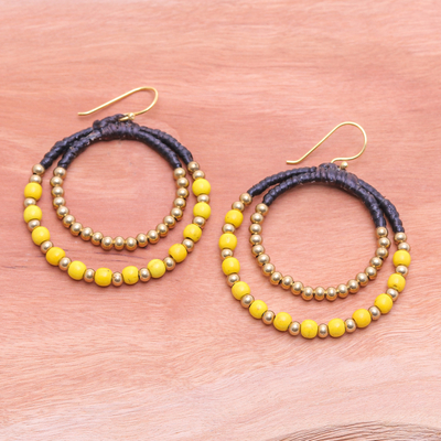 Magnesite beaded dangle earrings, 'Yellow Glam' - Yellow Magnesite & Brass Beaded Double Hoop Dangle Earrings