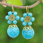 Magnesite beaded dangle earrings, 'Cyan Bloom' - Magnesite Beaded Floral Dangle Earrings with Brass Spirals