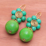 Magnesite beaded dangle earrings, 'Green Bloom' - Green Magnesite Floral Dangle Earrings with Brass Spirals
