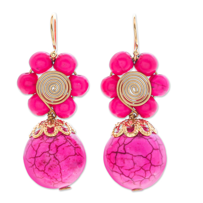 Magnesite beaded dangle earrings, 'Hot Pink Bloom' - Pink Magnesite Floral Dangle Earrings with Brass Spirals