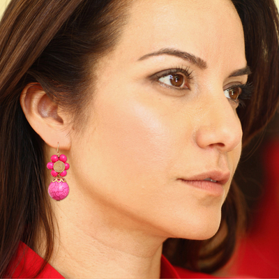 Magnesite beaded dangle earrings, 'Hot Pink Bloom' - Pink Magnesite Floral Dangle Earrings with Brass Spirals