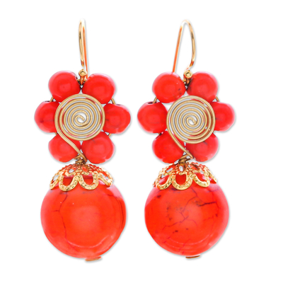 Magnesite beaded dangle earrings, 'Tangerine Bloom' - Orange Magnesite Floral Dangle Earrings with Brass Spirals