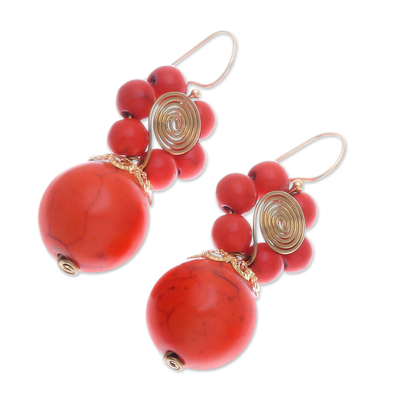 Magnesite beaded dangle earrings, 'Tangerine Bloom' - Orange Magnesite Floral Dangle Earrings with Brass Spirals
