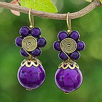 Magnesite beaded dangle earrings, 'Violet Bloom' - Purple Magnesite Floral Dangle Earrings with Brass Spirals
