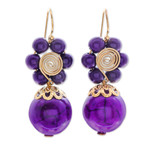 Magnesite beaded dangle earrings, 'Violet Bloom' - Purple Magnesite Floral Dangle Earrings with Brass Spirals