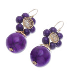 Magnesite beaded dangle earrings, 'Violet Bloom' - Purple Magnesite Floral Dangle Earrings with Brass Spirals