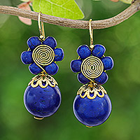 Magnesite beaded dangle earrings, 'Blue Bloom' - Blue Magnesite Floral Dangle Earrings with Brass Spirals