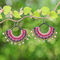 Brass beaded macrame chandelier earrings, 'The Glorious Pink'