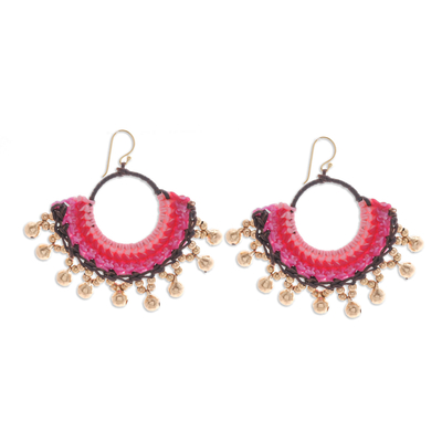 Brass beaded macrame chandelier earrings, 'The Glorious Pink' - Brass Beaded Pink and Black Macrame Chandelier Earrings