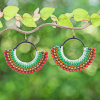 Magnesite beaded macrame dangle earrings, 'Tropical Nimbus' - Colorful Macrame Dangle Earrings with Red Magnesite Beads