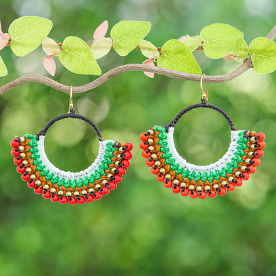 Magnesite beaded macrame dangle earrings, 'Tropical Nimbus' - colourful Macrame Dangle Earrings with Red Magnesite Beads