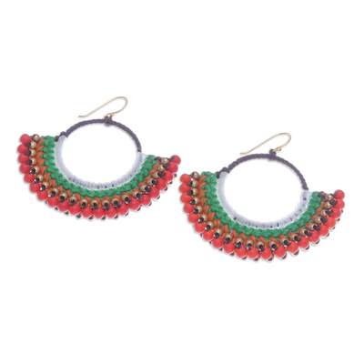 Magnesite beaded macrame dangle earrings, 'Tropical Nimbus' - colourful Macrame Dangle Earrings with Red Magnesite Beads