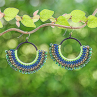 Magnesite beaded macrame dangle earrings, 'Island Nimbus' - Blue Macrame Dangle Earrings with Green Magnesite Beads