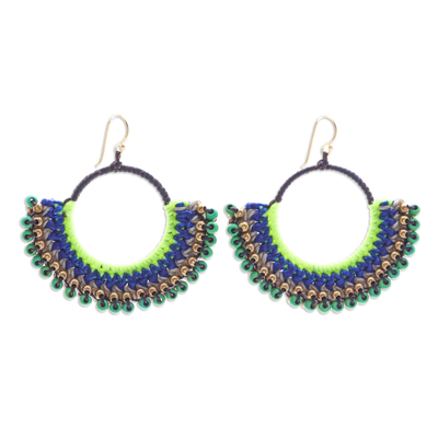 Magnesite beaded macrame dangle earrings, 'Island Nimbus' - Blue Macrame Dangle Earrings with Green Magnesite Beads