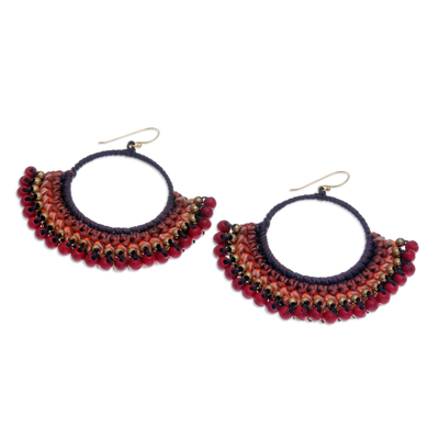 Magnesite beaded macrame dangle earrings, 'Passionate Nimbus' - Brown Macrame Dangle Earrings with Red Magnesite Beads