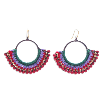 Magnesite beaded macrame dangle earrings, 'Audacious Nimbus' - Green Macrame Dangle Earrings with Red Magnesite Beads