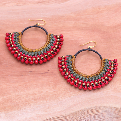 Magnesite beaded macrame dangle earrings, 'Alluring Nimbus' - Brown Macrame Dangle Earrings with Red Magnesite Beads