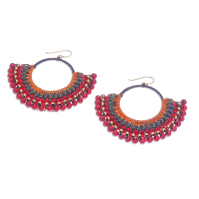 Magnesite beaded macrame dangle earrings, 'Alluring Nimbus' - Brown Macrame Dangle Earrings with Red Magnesite Beads