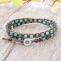 Quartz beaded macrame wrap bracelet, 'Island Wanderer' - Handmade Unisex Green Quartz Beaded Macrame Wrap Bracelet