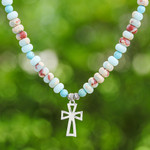 Jasper and variscite beaded pendant necklace, 'Wealth & Faith' - Jasper and Variscite Beaded Necklace with Cross Pendant