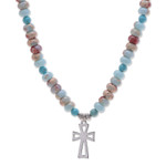 Jasper and variscite beaded pendant necklace, 'Wealth & Faith' - Jasper and Variscite Beaded Necklace with Cross Pendant