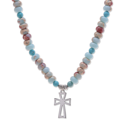 Jasper and variscite beaded pendant necklace, 'Wealth & Faith' - Jasper and Variscite Beaded Necklace with Cross Pendant