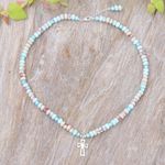 Jasper and variscite beaded pendant necklace, 'Wealth & Faith' - Jasper and Variscite Beaded Necklace with Cross Pendant
