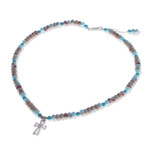 Jasper and variscite beaded pendant necklace, 'Wealth & Faith' - Jasper and Variscite Beaded Necklace with Cross Pendant