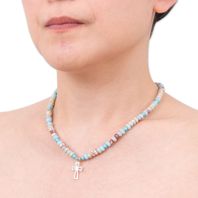 Jasper and variscite beaded pendant necklace, 'Wealth & Faith' - Jasper and Variscite Beaded Necklace with Cross Pendant