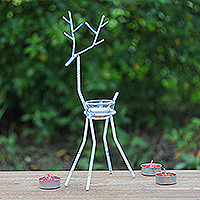 Iron tealight holder, 'Winter Reindeer in Blue' - Handcrafted Iron Reindeer Tealight Holder in White and Blue