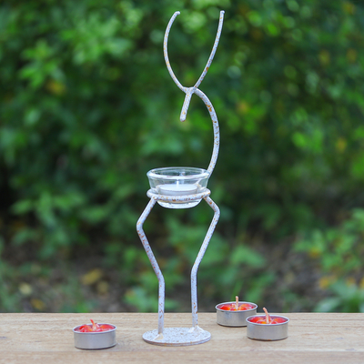 Teelichthalter aus Eisen - Handgefertigter Hirsch-Teelichthalter aus Eisen in Weiß und Gold