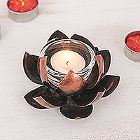 Steel tealight holder, 'Precious Lotus' - Handcrafted Copper-Hued Lotus Flower Steel Tealight Holder