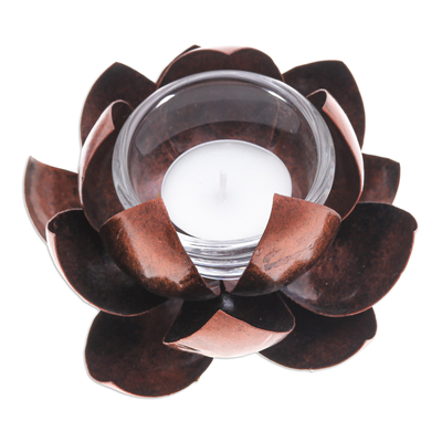 Portavelas de acero - Portavelas de acero hechas a mano con flor de loto en tonos cobrizos