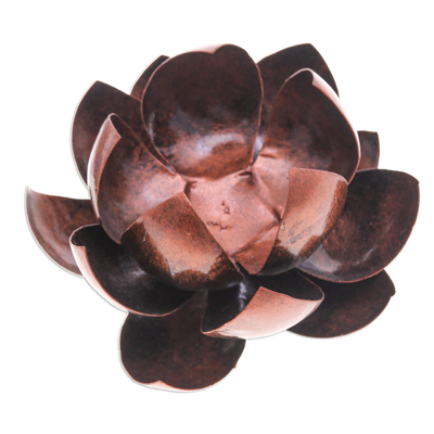 Steel tealight holder, 'Precious Lotus' - Handcrafted Copper-Hued Lotus Flower Steel Tealight Holder
