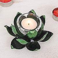 Steel tealight holder, 'Precious Lotus in Green' - Handcrafted Steel Lotus Flower Tealight Holder in Green