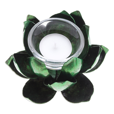 Steel tealight holder, 'Precious Lotus in Green' - Handcrafted Steel Lotus Flower Tealight Holder in Green