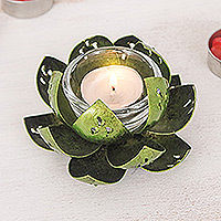 Steel tealight holder, 'Precious Lotus in Light Green' - Handcrafted Light Green Steel Lotus Flower Tealight Holder