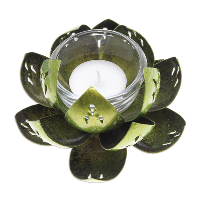 Steel tealight holder, 'Precious Lotus in Light Green' - Handcrafted Light Green Steel Lotus Flower Tealight Holder