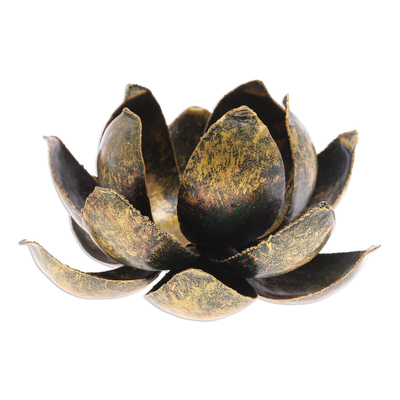 Steel tealight holder, 'Precious Lotus in Gold' - Handmade Antique Finished Steel Lotus Flower Tealight Holder