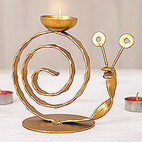 Iron tealight holder, 'Happy Snail in Gold' - Handcrafted Iron Snail Tealight Holder in Gold Shade