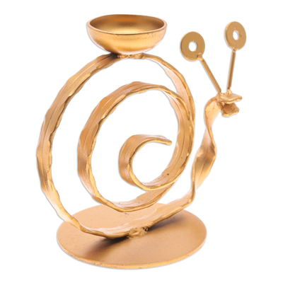 Iron tealight holder, 'Happy Snail in Gold' - Handcrafted Iron Snail Tealight Holder in Gold Shade