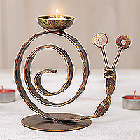 Iron tealight holder, 'Happy Snail' - Handcrafted Iron Snail Tealight Holder in Copper Hue