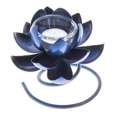 Steel and iron tealight holder, 'Lotus Flame in Blue' - Handmade Steel & Iron Lotus Flower Tealight Holder in Blue