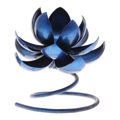 Portavelas de acero y hierro - Portavelas hechas a mano de acero y hierro con forma de flor de loto en azul