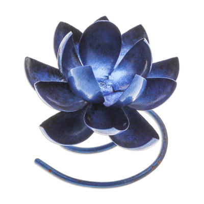 Steel and iron tealight holder, 'Lotus Flame in Blue' - Handmade Steel & Iron Lotus Flower Tealight Holder in Blue